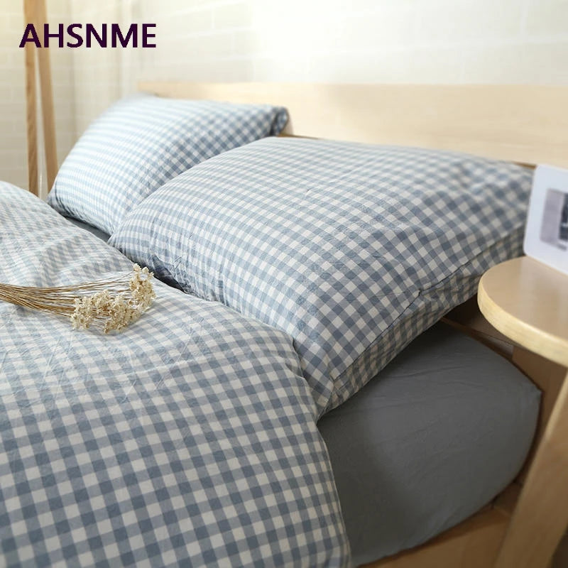 housse couette taies d'oreiller 100 coton bleu clair carreaux classique double king size