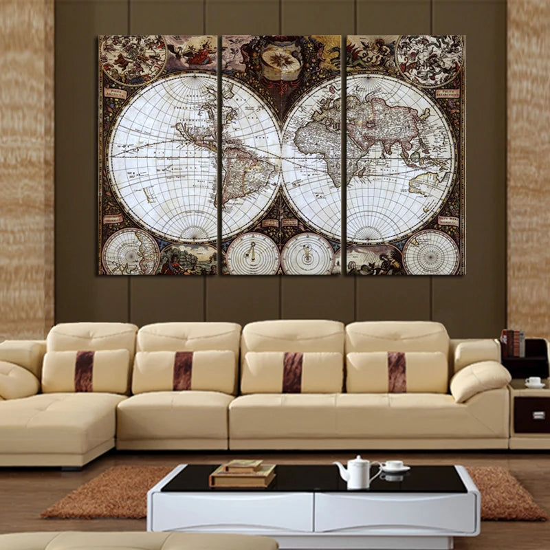 peinture l'huile toile carte monde rétro classique décoration intérieure photo salon trois panels sans