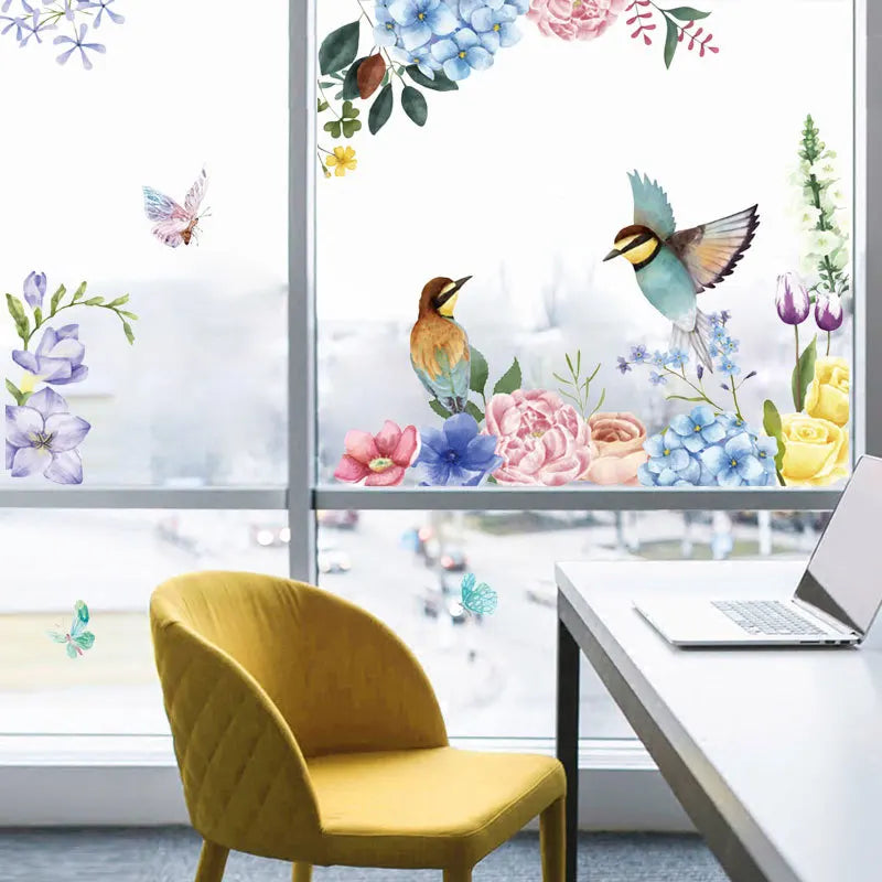 sticker mural fleurs oiseaux adhésif moderne art floral multicolore pvc résistant eau salon chambre