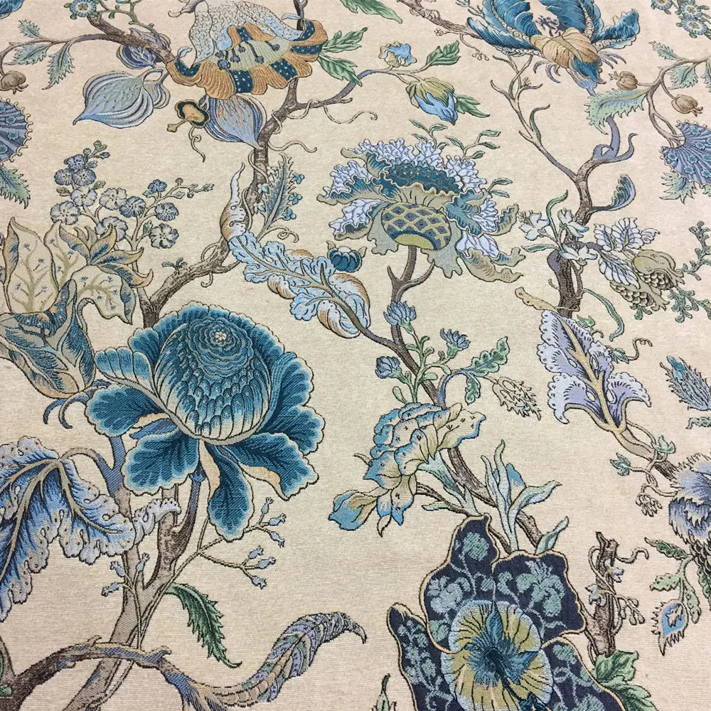 tissu chenille jacquard floral classique beige bleu protection uv 280cm large décoration intérieure materiaux