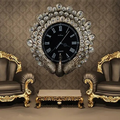 horloge murale solaire résine paon plumes dorées décoratif salon vintage aiguilles