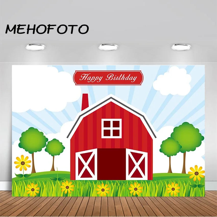 fond photo anniversaire ferme grange rouge cartoon décor studio fête enfant vinyle personnalisable