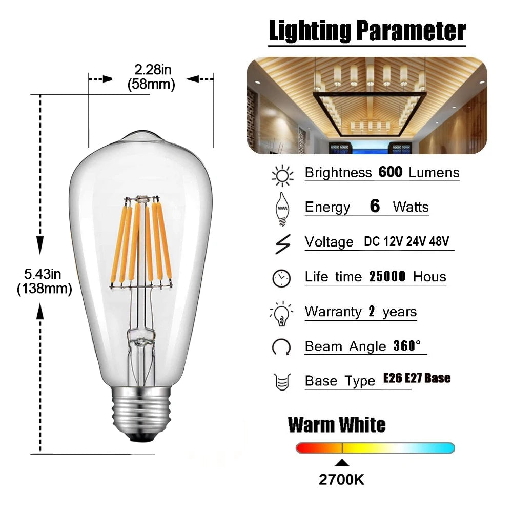 ampoule led st58 e27 transparente filament doré vintage 2700k 4500k 6w 12v 24v