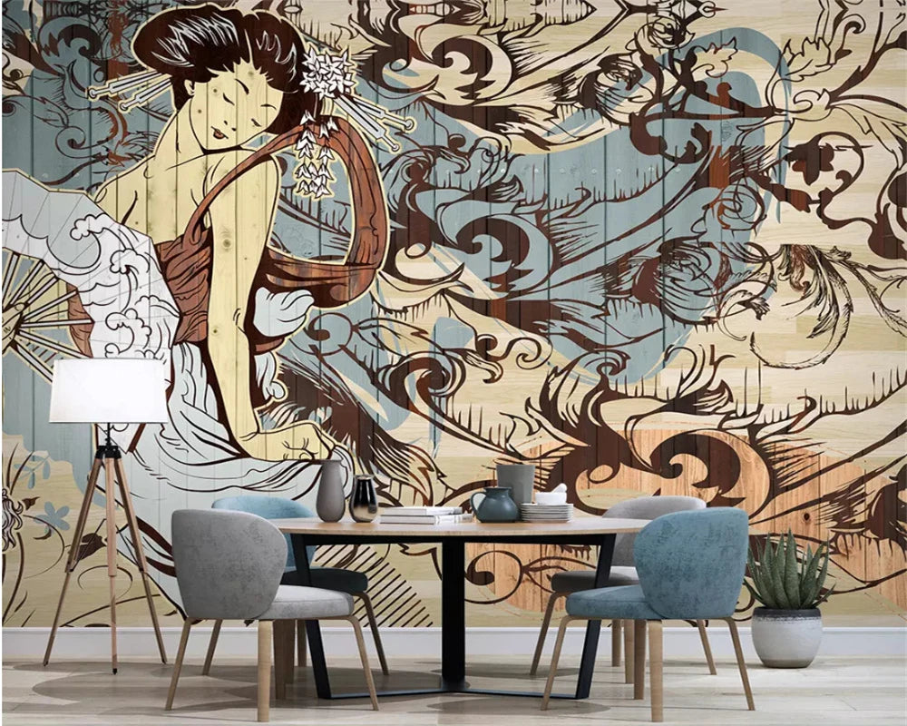 papier peint illustration femme japonaise motifs floraux art deco beige marron résistant humidité son