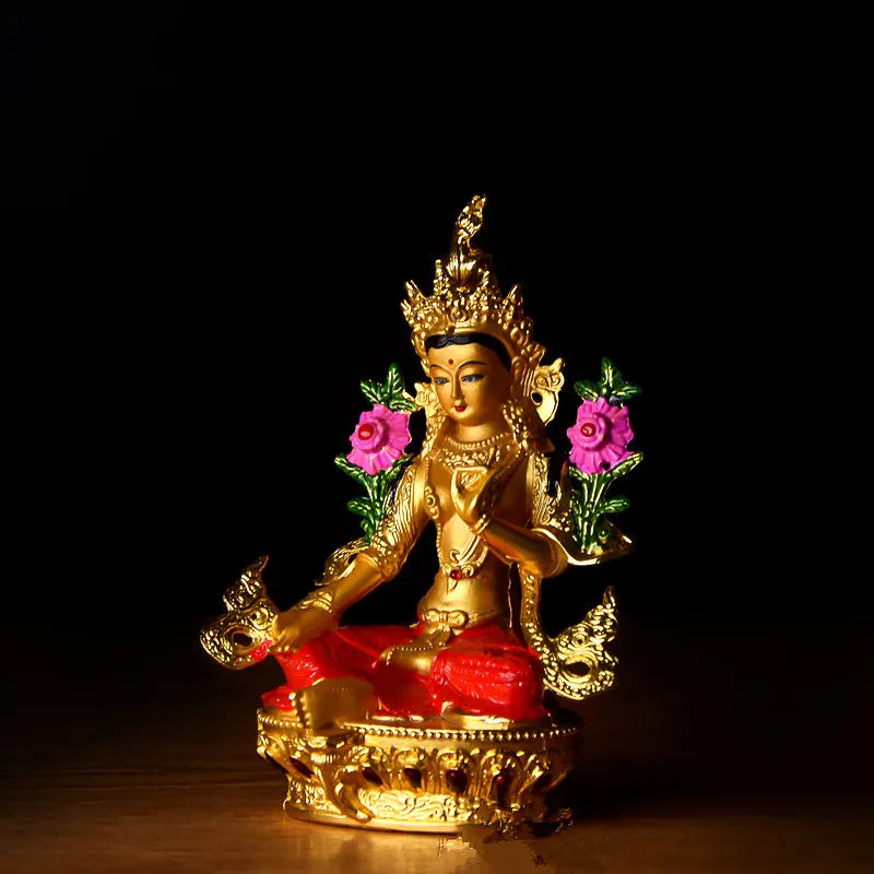 statue bouddhique or rouge rose traditionnelle tibétaine multi couleur emballage carton motifs colorés