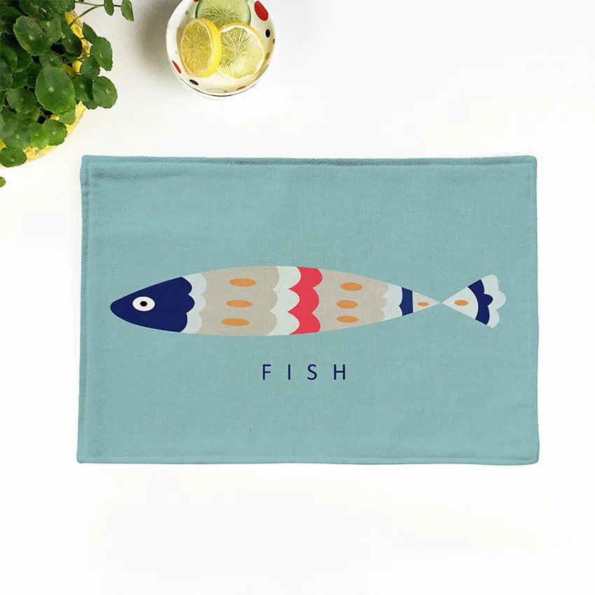 serviettes table lin motif poissons moderne bleu clair beige 44x28cm