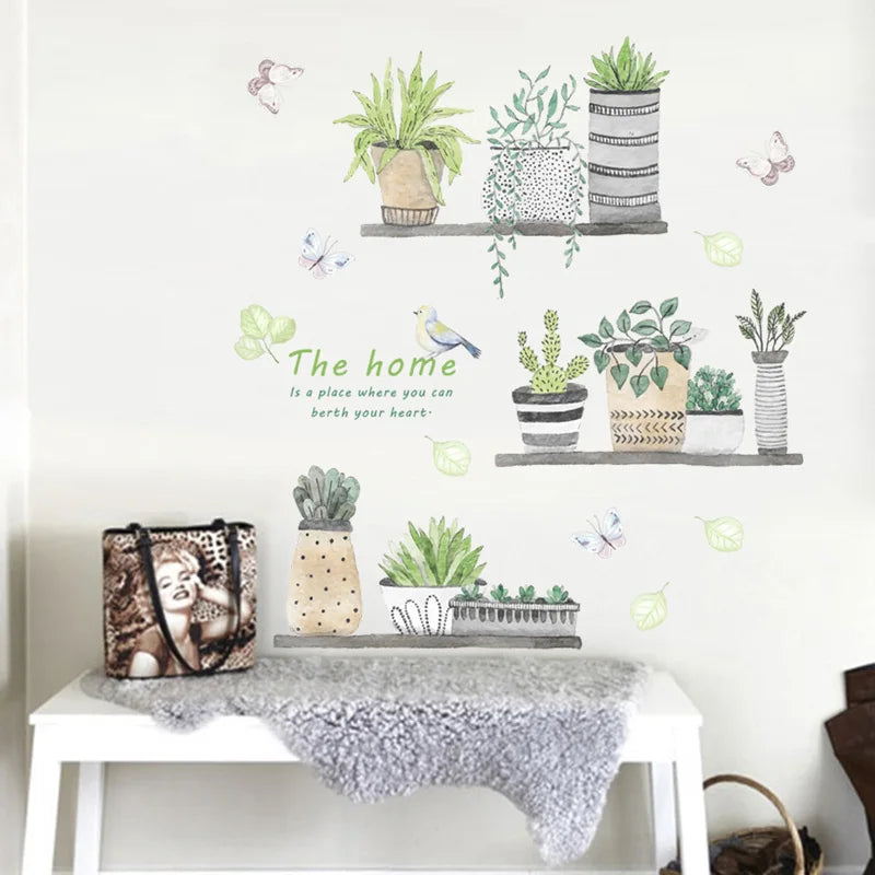 autocollant mural plantes pot peinture oiseaux papillons feuilles vert naturel salon cuisine déco
