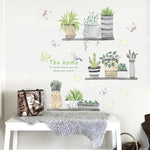 autocollant mural plantes pot peinture oiseaux papillons feuilles vert naturel salon cuisine déco