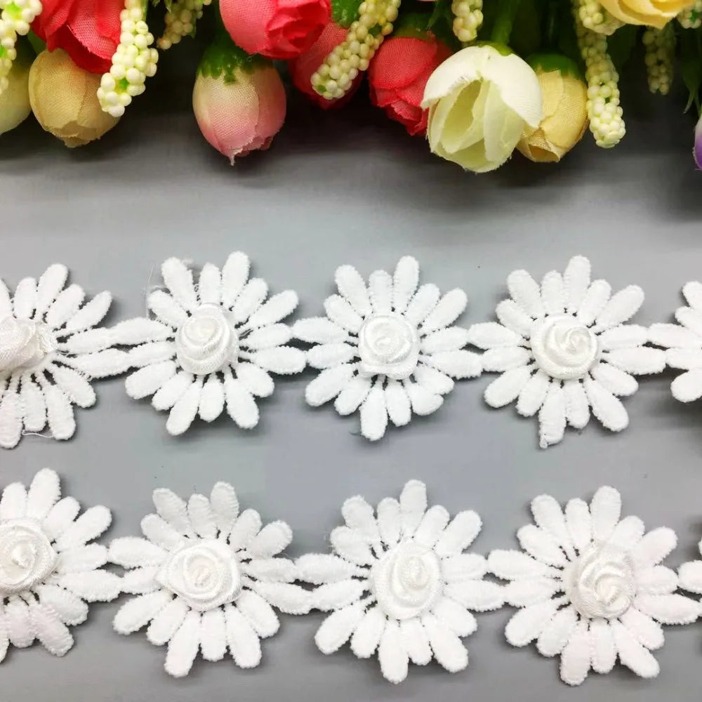 ruban décoratif dentelle marguerite fleur rose coton soluble mariage artisanat tissu brodé guirlande floral