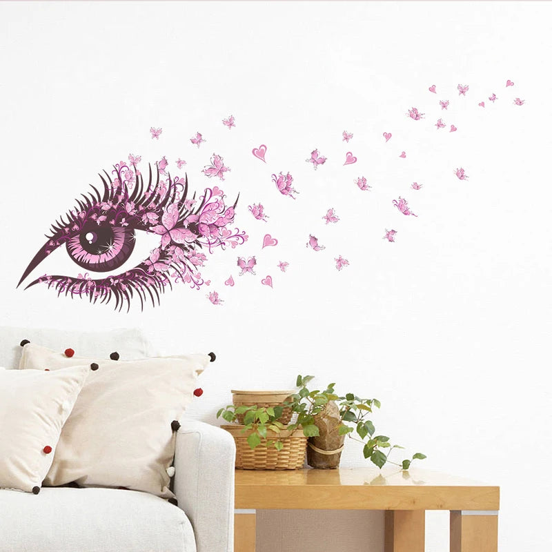 sticker mural moderne oeil papillon coeurs violet rose blanc adhésif intérieur décoration chambre salon