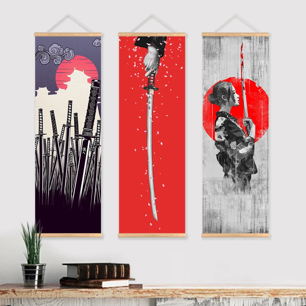 toile d'art ukiyo samouraï contemporain illustration noir blanc rouge gris cadre bois