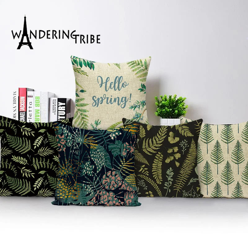 housse coussin carré motif feuilles vertes moderne zip invisible 45cm 45cm