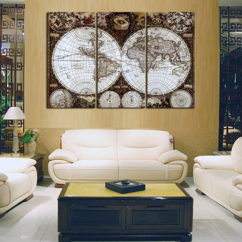peinture l'huile toile carte monde rétro classique décoration intérieure photo salon trois panels sans