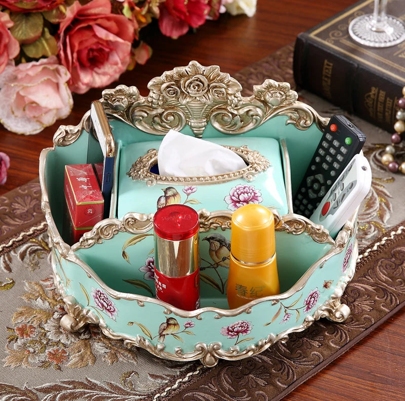 boîte rangement multifonctionnelle classique verte fleurs oiseaux télécommandes mouchoirs