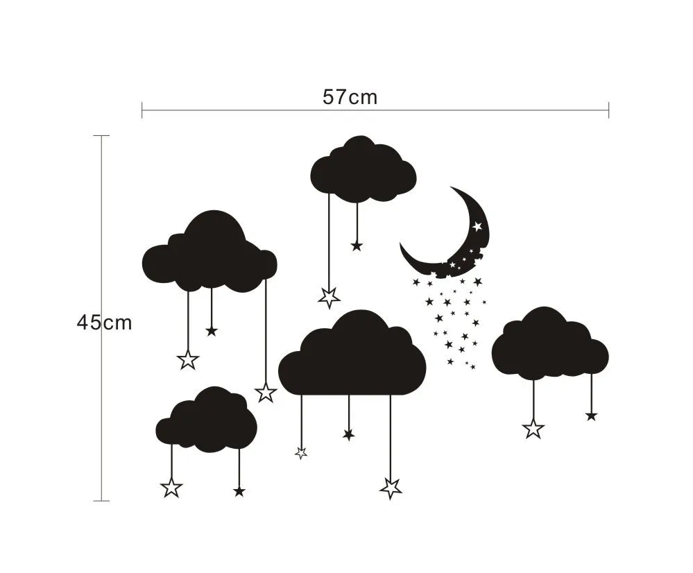 sticker mural nuages lune étoiles chambre enfant décoration moderne blanc noir jaune illustration simple