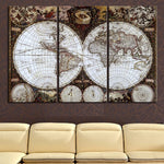 peinture l'huile toile carte monde rétro classique décoration intérieure photo salon trois panels sans