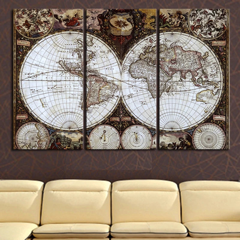 peinture l'huile toile carte monde rétro classique décoration intérieure photo salon trois panels sans