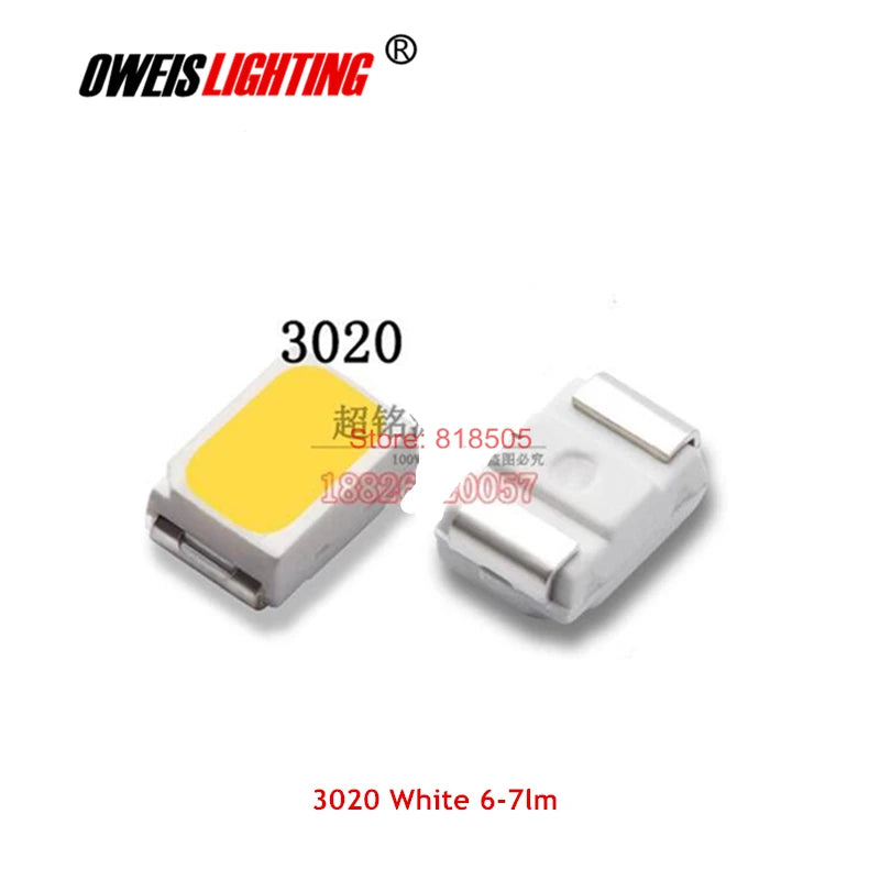 led lumière blanche jaune 100 pièces 3020 6000k 9000k bobine sachet transparent certification rohs