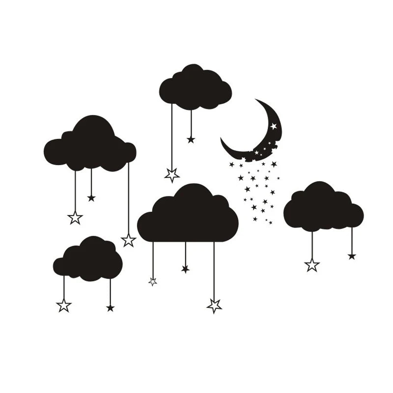 sticker mural nuages lune étoiles chambre enfant décoration moderne blanc noir jaune illustration simple