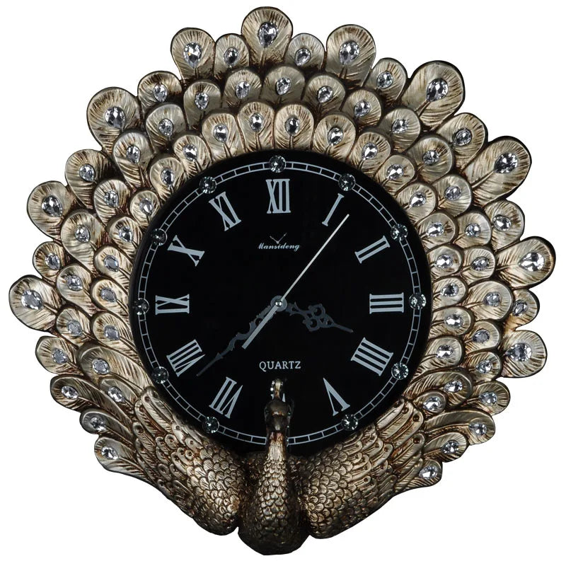horloge murale solaire résine paon plumes dorées décoratif salon vintage aiguilles