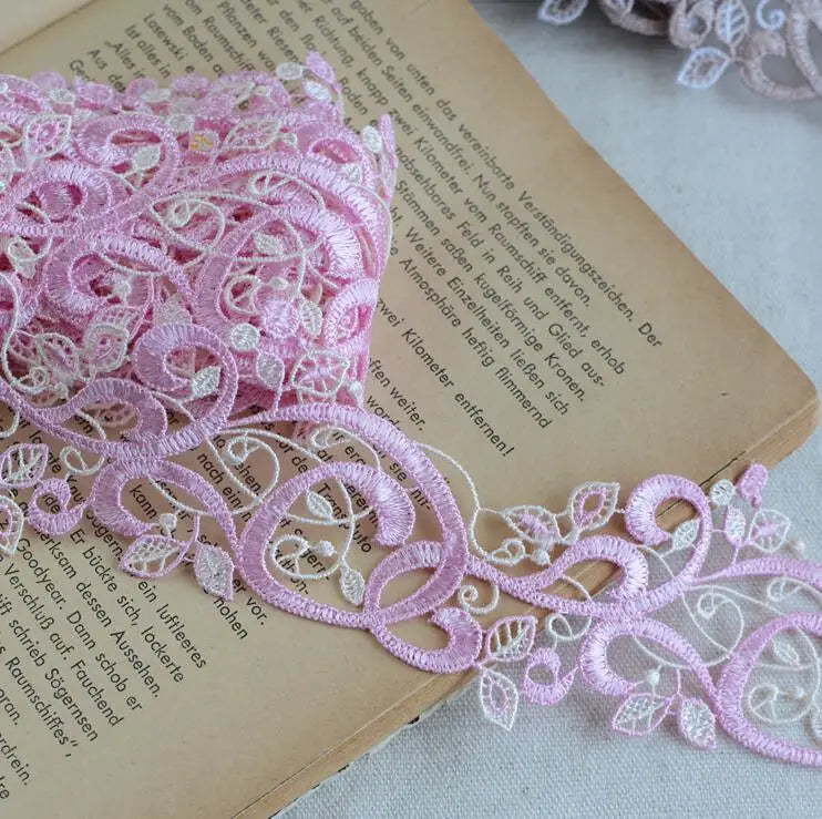dentelle florale polyester 5cm large motif baroque transparent bleu rose vintage décoratif