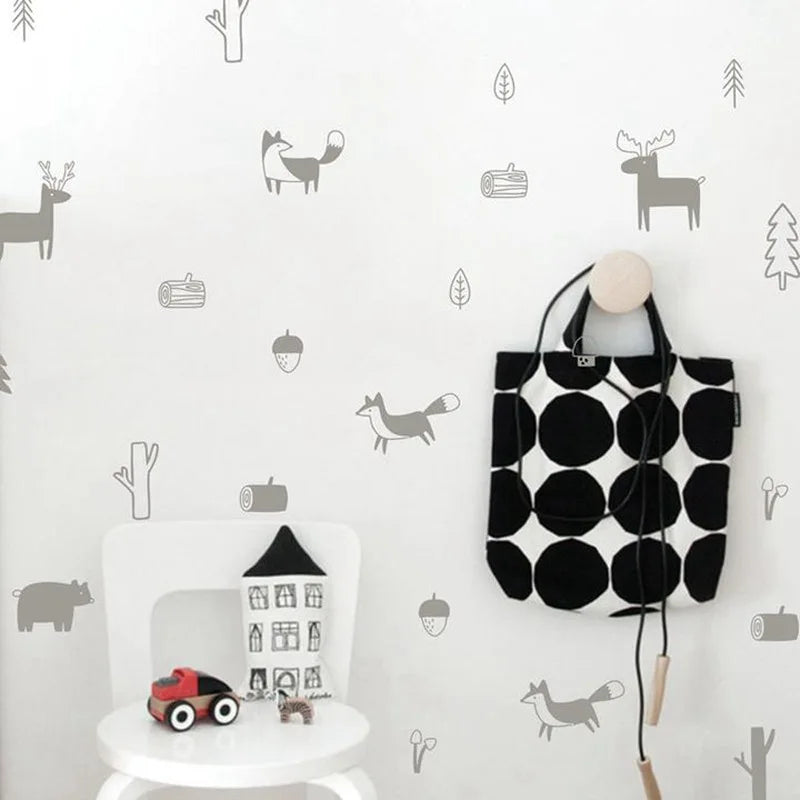 stickers muraux animaux forêt scandinave minimaliste adhésif noir blanc renard ours cerfs arbres