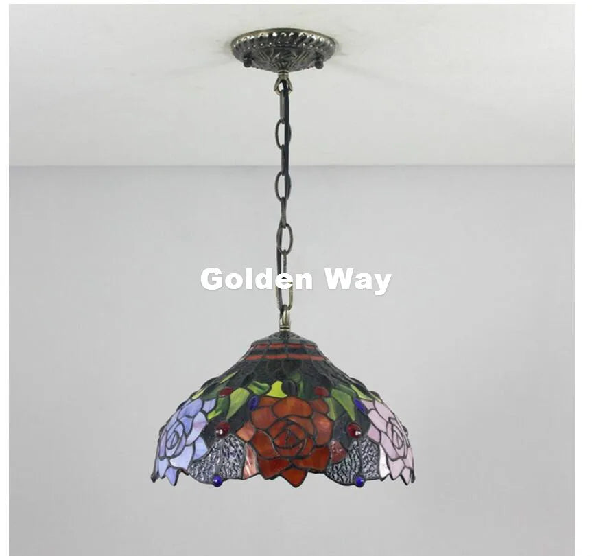 lampe suspendue tiffany multicolore fleurs géométriques opacité chaîne métal salon chambre étude
