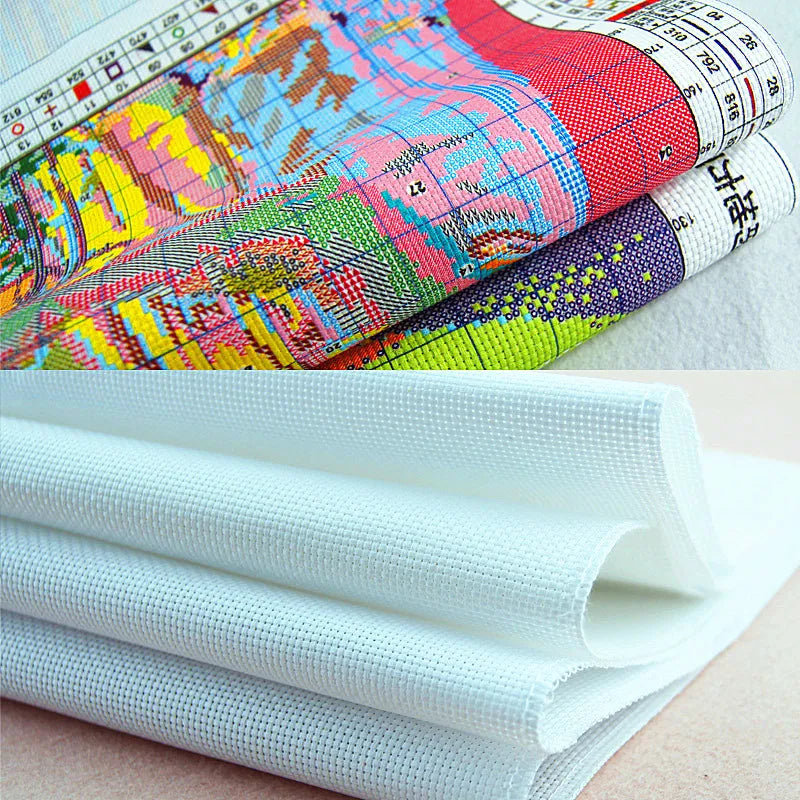tissu brodé paysage montagneux soleil levant aiguille fil coloré instructions modernes enfants decoration