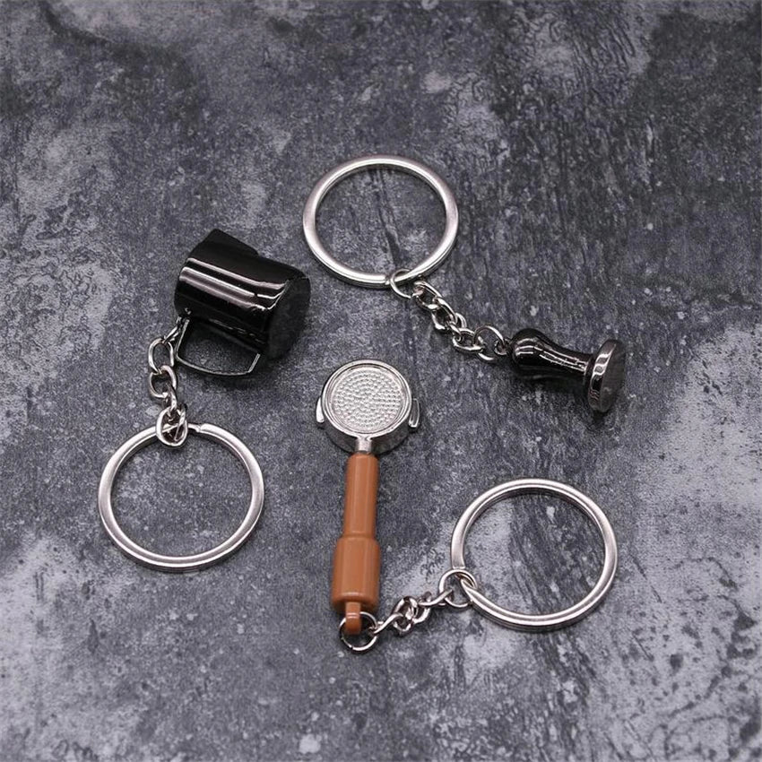 porte clés réaliste métal tampé moulin cafetière italienne théière bouilloire noir marron cuivre argenté