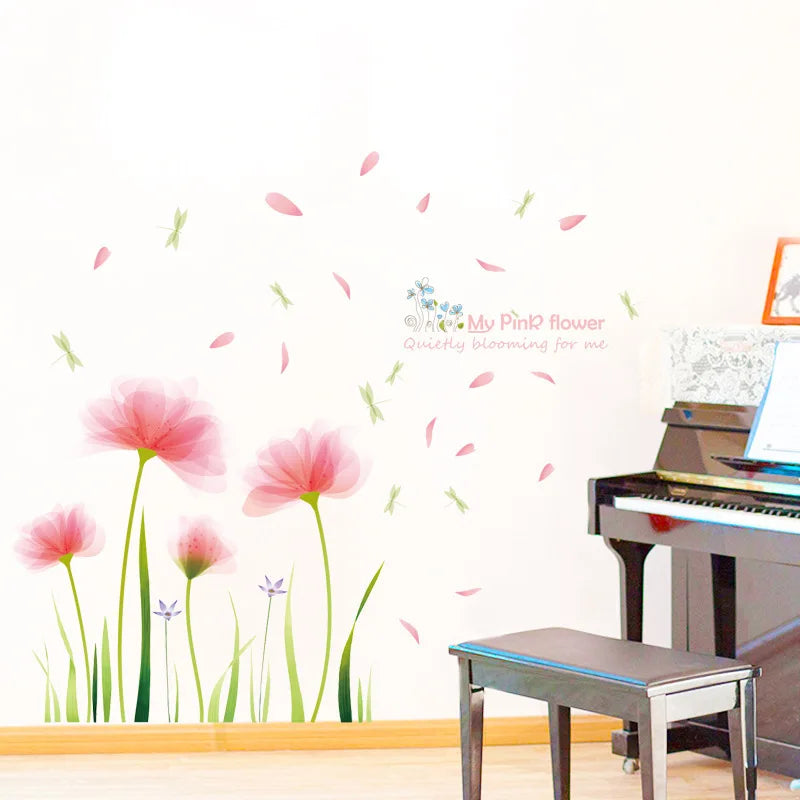 sticker mural moderne fleurs roses feuilles vertes papillons chambre salon decoration maison