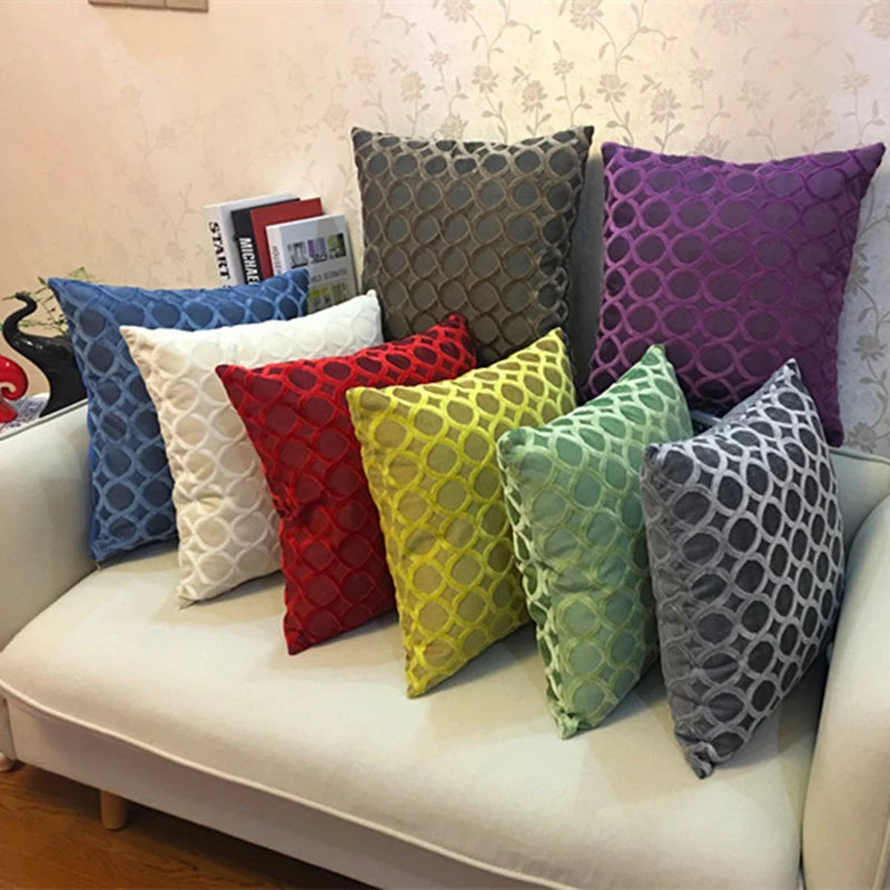 coussin carré velours motif cercles entrelacés rouge jaune vert bleu violet gris contemporain fixations
