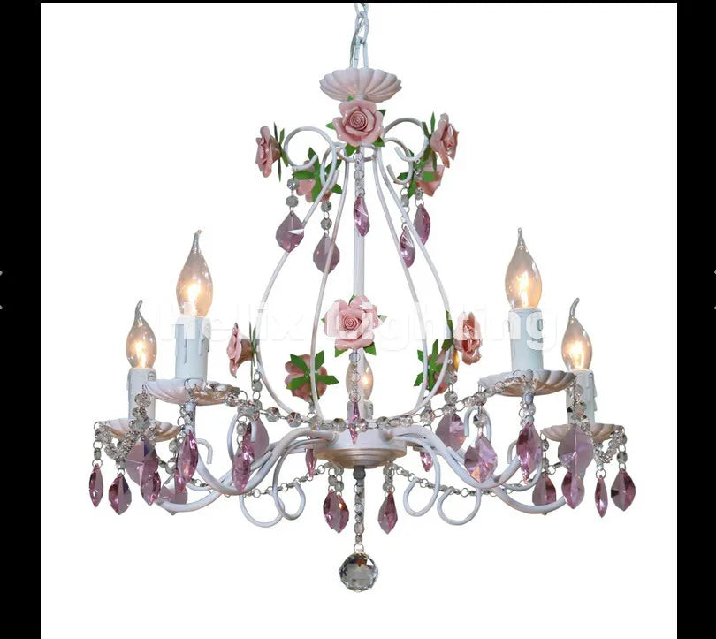 lustre chandelier blanc rose violet cristaux fleurs shabby chic