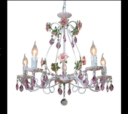 lustre chandelier blanc rose violet cristaux fleurs shabby chic