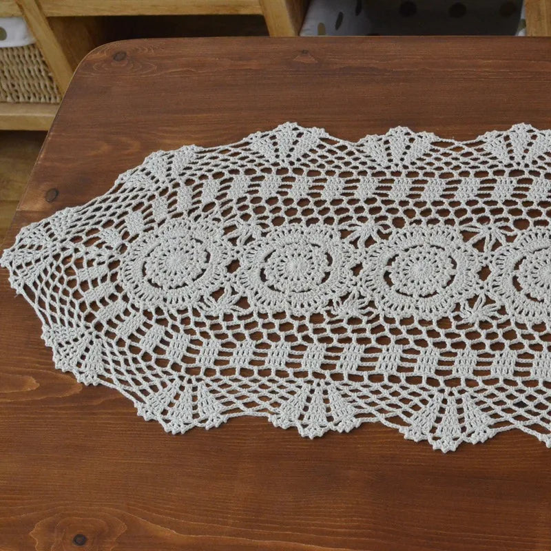 chemin table crochet dentelle motif floral 100 coton blanc beige pêche rustique vintage