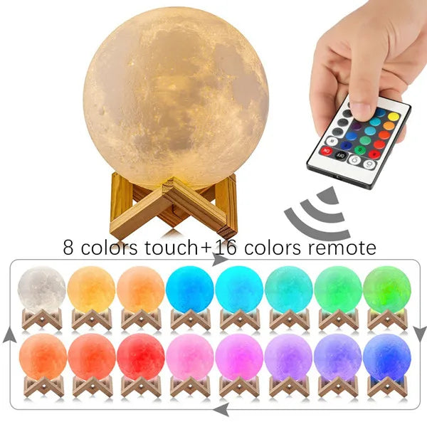 lampe table lunaire 3d imprimée blanc jaune doré support bois tactile led moderne chambre