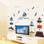 sticker mural bateau phare art marin grunge bleu blanc rouge come back