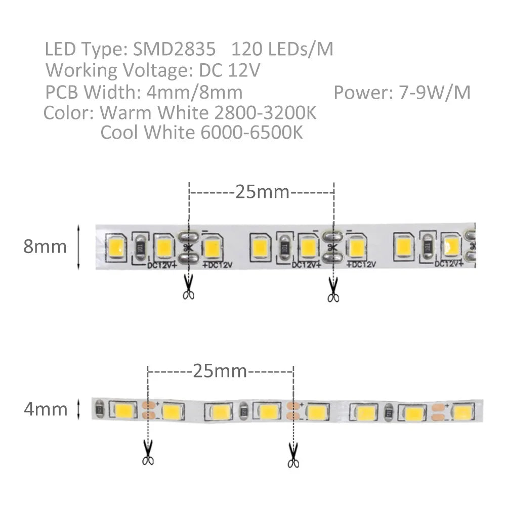 ruban led flexible 5m blanc chaud froid 120leds/m adhésif modernes 4mm 8mm pcb