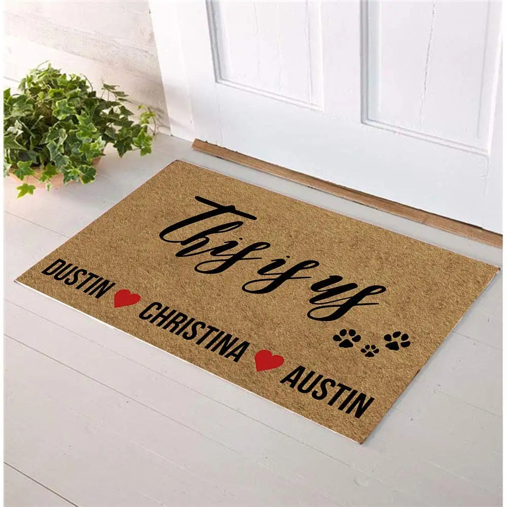 tapis d'entrée marron imprimé this is us Dustin Christina Austin cœur empreintes pattes antidérapant