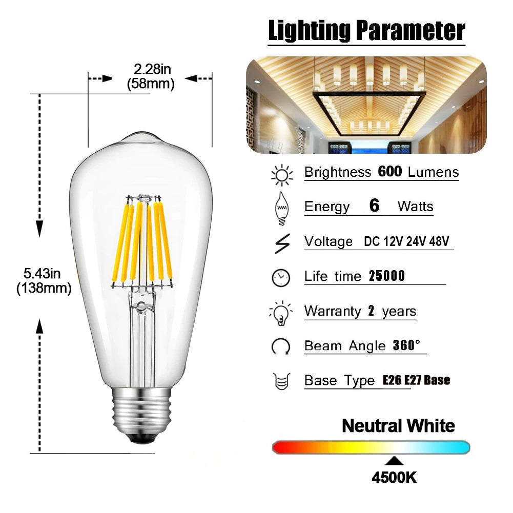 ampoule led st58 e27 transparente filament doré vintage 2700k 4500k 6w 12v 24v