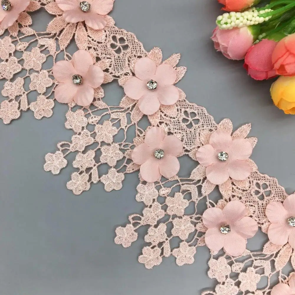 ruban dentelle fleurs relief strass mariage blanc rose doré coton polyester 9cm large élégant