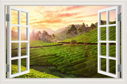 sticker mural 3d paysage naturel adhésif décoration intérieure fenêtre carreau meuble vert blanc gris
