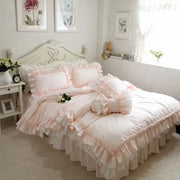 Parure de lit rose en coton à volants dentelle pour chambre princesse ou mariage