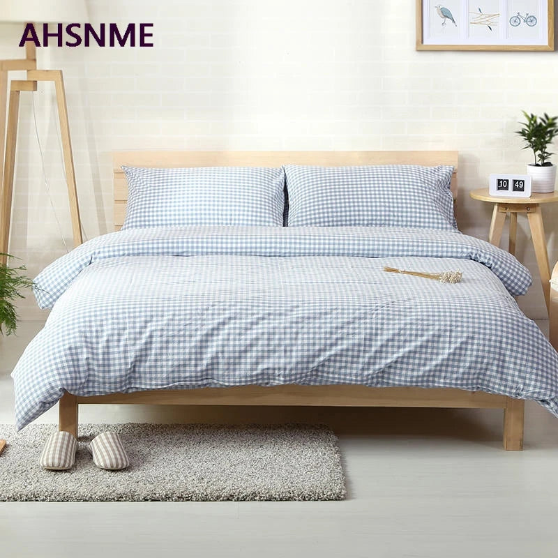 housse couette taies d'oreiller 100 coton bleu clair carreaux classique double king size
