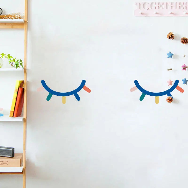 Stickers muraux dessin animé yeux fermés couleur enfant adhésifs pvc résistants eau chambre bleu