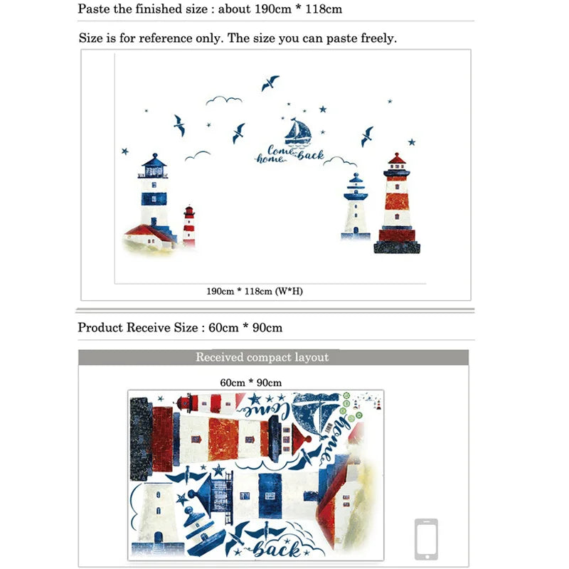 sticker mural bateau phare art marin grunge bleu blanc rouge come back