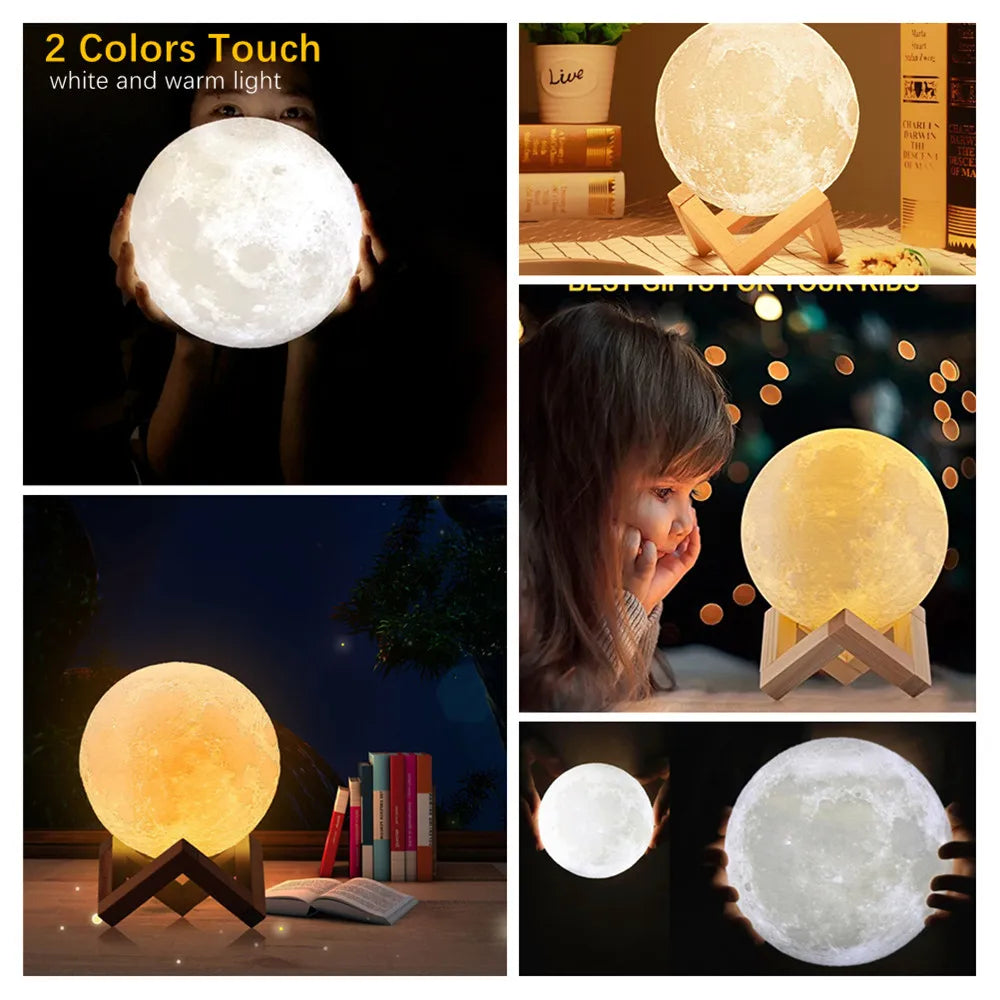 lampe table lunaire 3d imprimée blanc jaune doré support bois tactile led moderne chambre