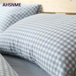 housse couette taies d'oreiller 100 coton bleu clair carreaux classique double king size