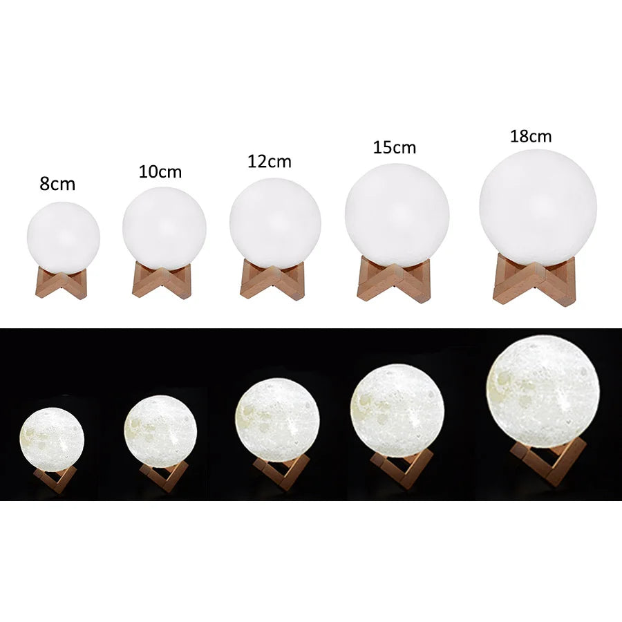 lampe lune rechargeable led blanc texture lunaire moderne support bois charge cable 8cm 12cm