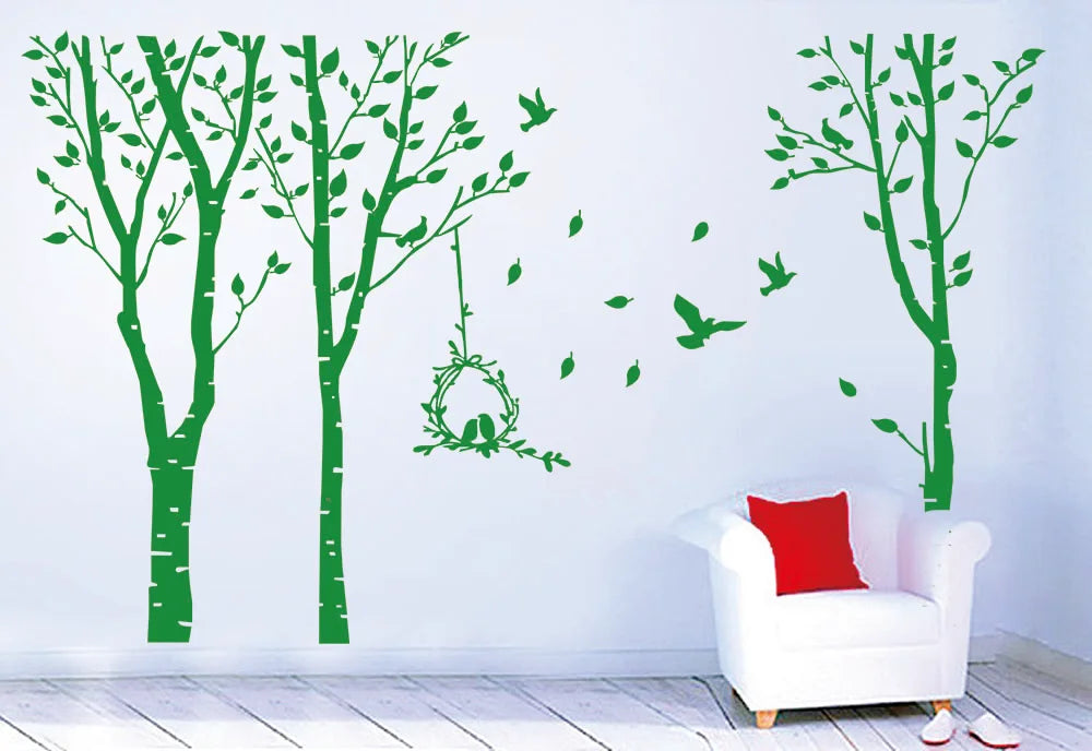 Grand autocollant mural arbre oiseau paysage forêt