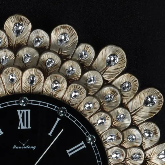 horloge murale solaire résine paon plumes dorées décoratif salon vintage aiguilles